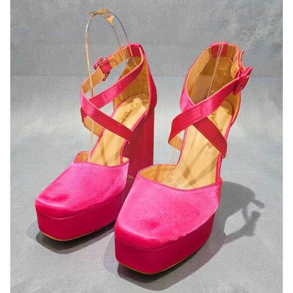 Shoes - Bright Fuchsia Satin Platform High Heel Ankle Strap Pumps